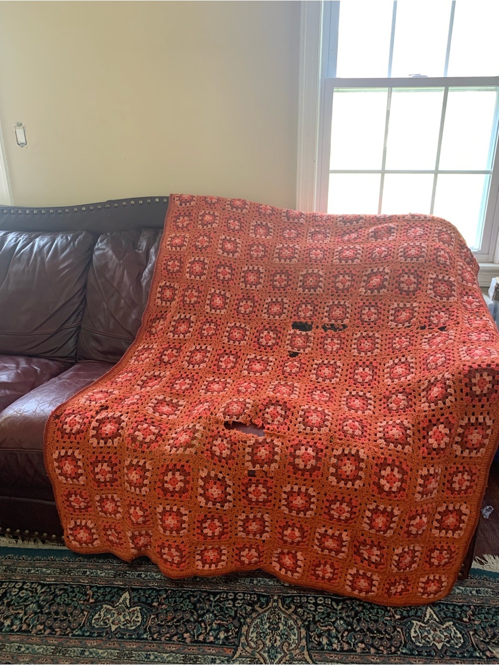Vintage 1970s Crochet Granny Square Blanket Afghan Retro Orange/Rust 84x56 AS IS